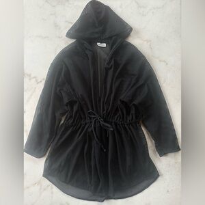 Black crochet coverup | black hooded swimsuit cover up | black mesh coverup